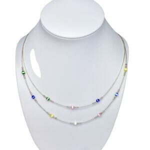 Multicolor Cat's Eye Station 2 Strand Necklace | Sterling Silver 925 | 15.5"